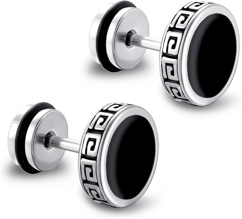 Silver deer Store أقراط مضادة للحساسية للرجال 2025، أقراط دراجة سوداء من الفولاذ الجراحي للرجال، شكل كعكة دائري من حبوب الجدار العظيم، جل أسود بعرض 0.4 بوصة - Image 1